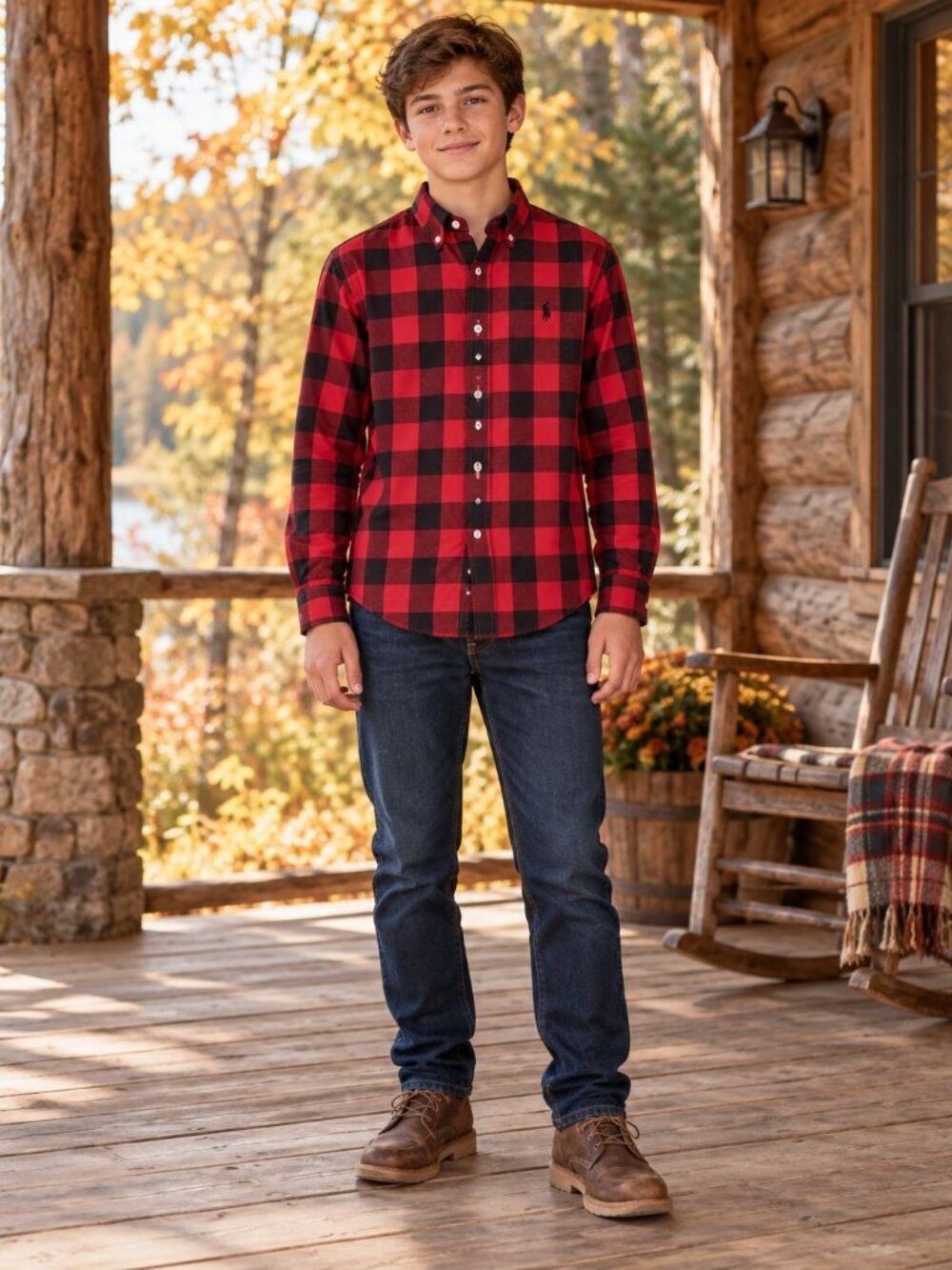 Polo Ralph Lauren Boys 14-16 Buffalo Plaid Red Black Double Faced Cotton Shirt